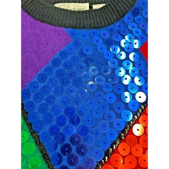 Vintage 80s Cedars Lambswool Angora Sequin Front Geometric Sweater Hong Kong Sm - Picture 4 of 4
